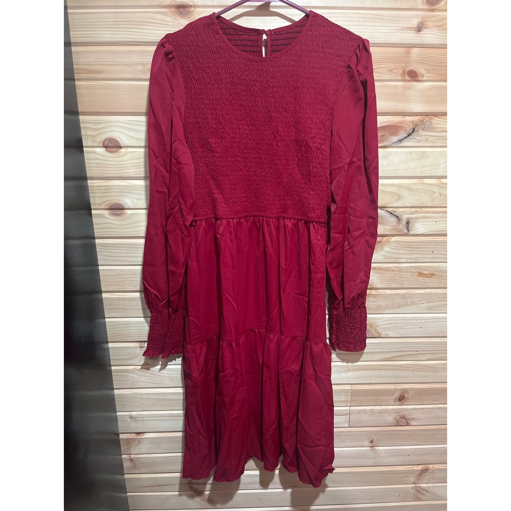 Cupshe Burgundy Red Smocked Tiered Long Sleeve Midi Dress Large NWT
